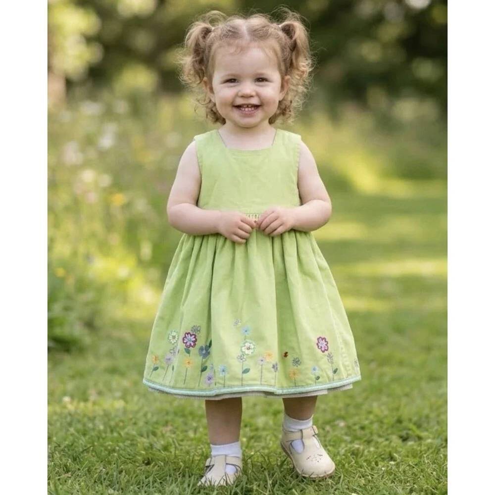 VTG Baby Gap Lime Green Heavy Cotton Denim Dress Floral Embroidered Lined Y2K 2T